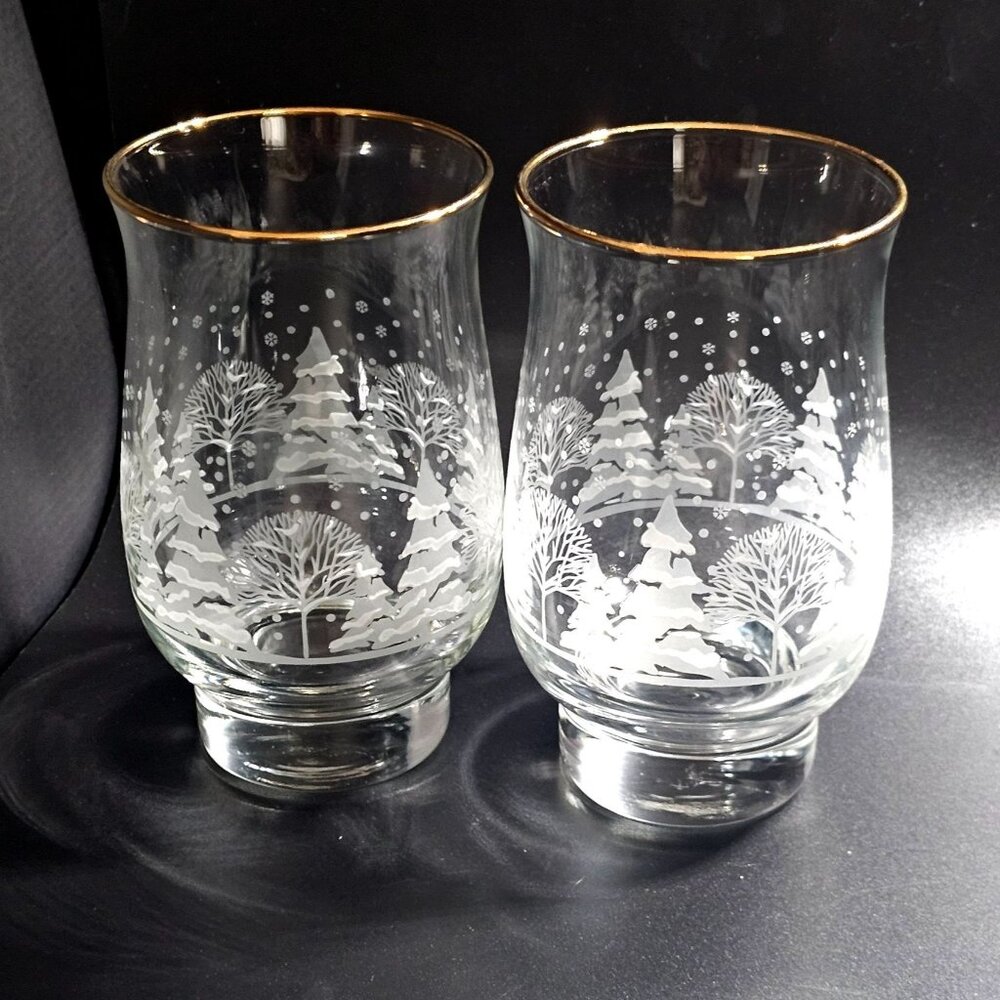 2 Pines White Silhouette Tumblers Glasses 5.25" Lynns China Winter trees gold